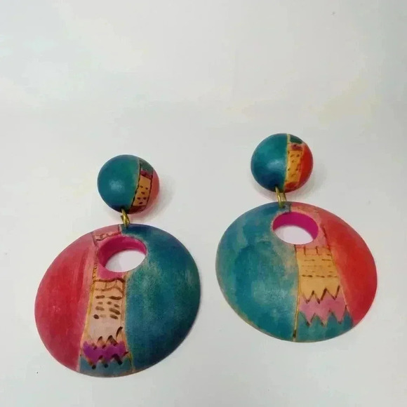 unbranded Jewelry - Tropical Vintage Earrings Wooden Teal Pink Yellow Dangle Hoops Statement Fun